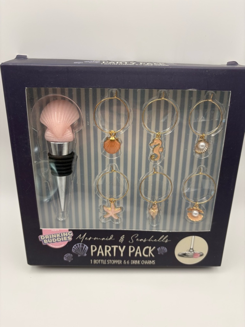 Mermaid & Seashell Party Pack - Pink Bottle Stopper with Gold Drink Charms